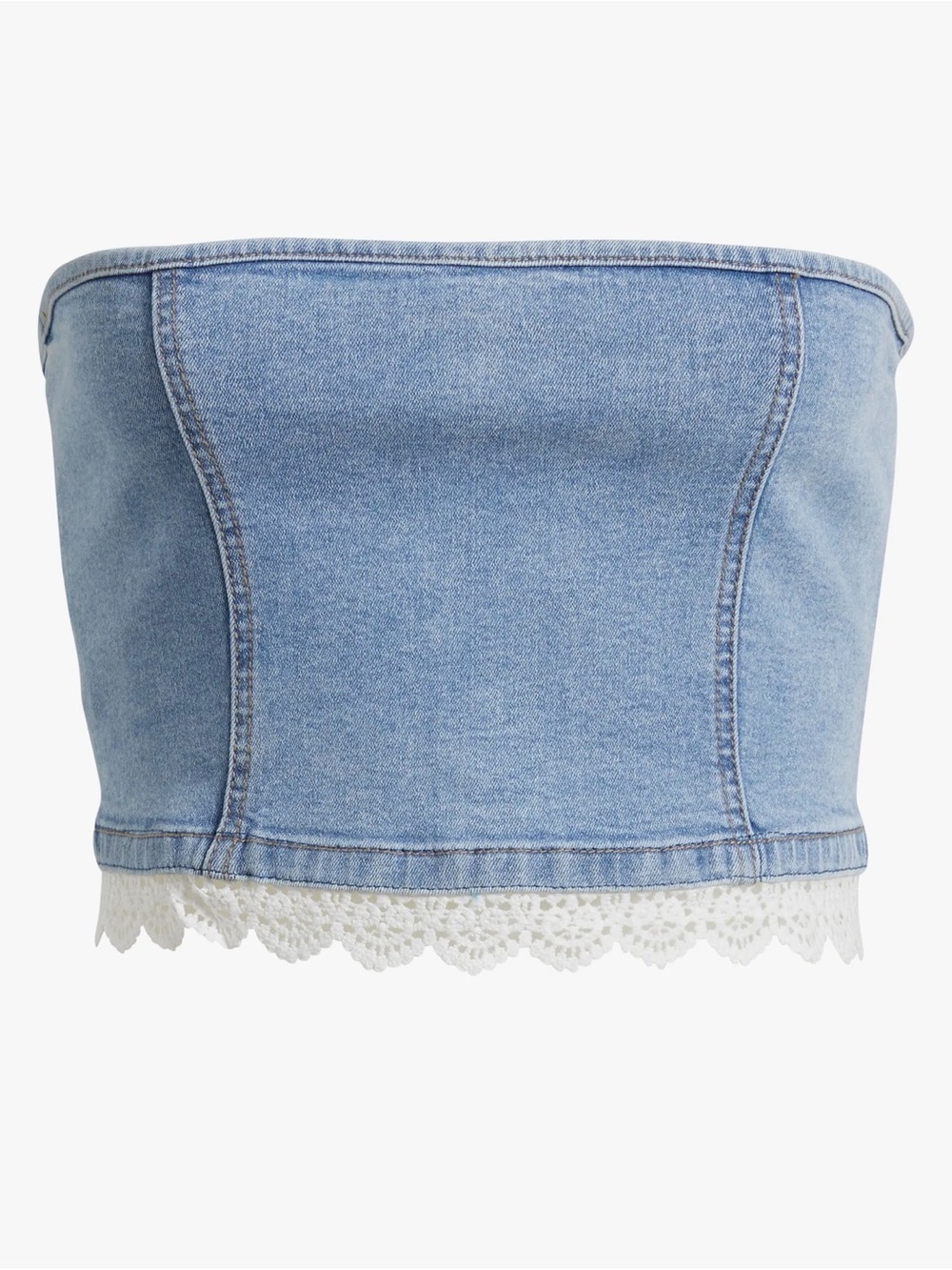 Denim Lace-Trim Strapless Crop Top - Light Blue